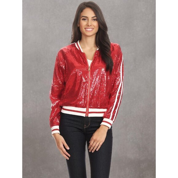 Brand New Women Red Polyester Sequin Bomber Jacket Zip Up Track Stripe Ribbed - Picture 7 of 7